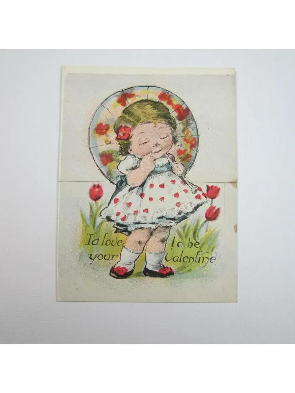 Vintage Valentine Cutout Card Stand Up Blonde Girl Parasol 1920s-30s UNSIGNED